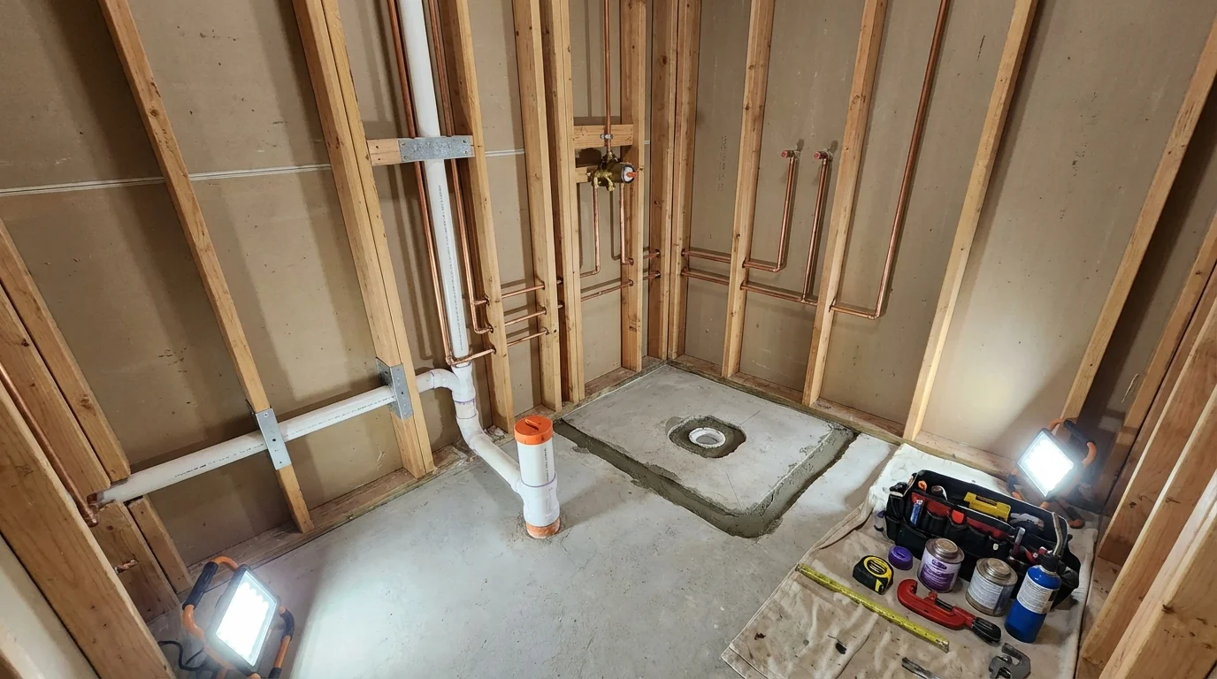 Bathroom rough-in plumbing during remodel by Johns Plumbing LLC in Iowa City