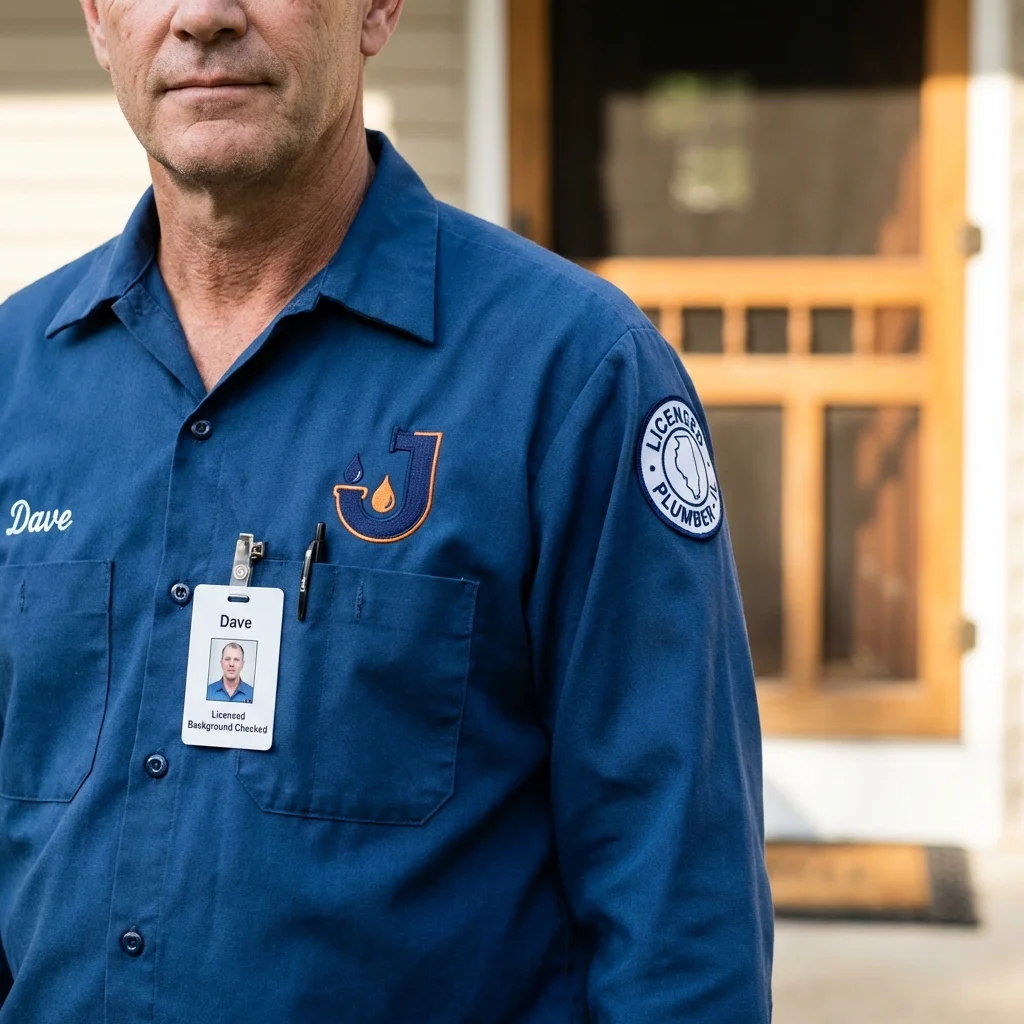 Licensed plumber showing ID badge in Iowa City, IA