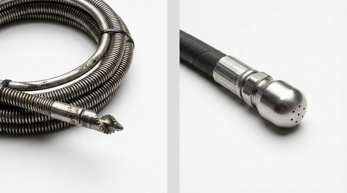Drain snake cable and hydro jetting nozzle used for drain cleaning in Iowa City, IA