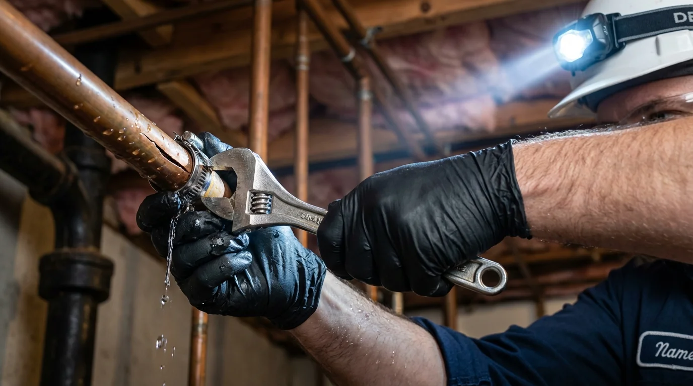 Emergency pipe clamp repair being performed by a Johns Plumbing LLC plumber in Iowa City