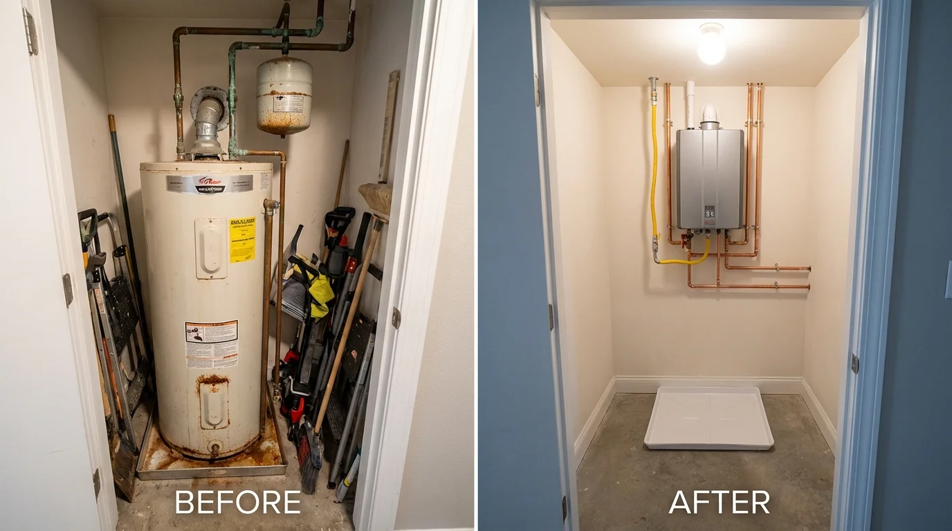 Tank water heater versus wall-mounted tankless unit comparison for Iowa City, IA homeowners