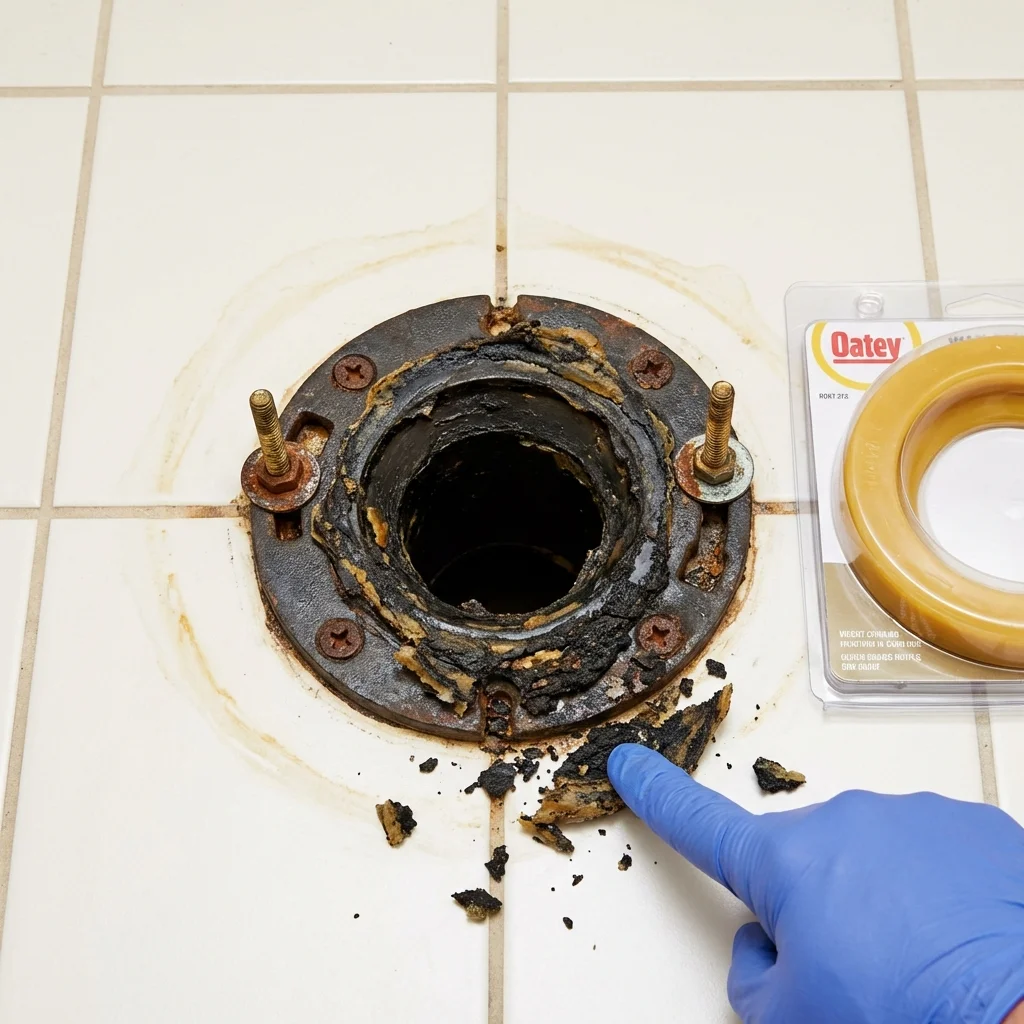 Failed wax ring showing water seepage at the base of a toilet in a Iowa City, IA home