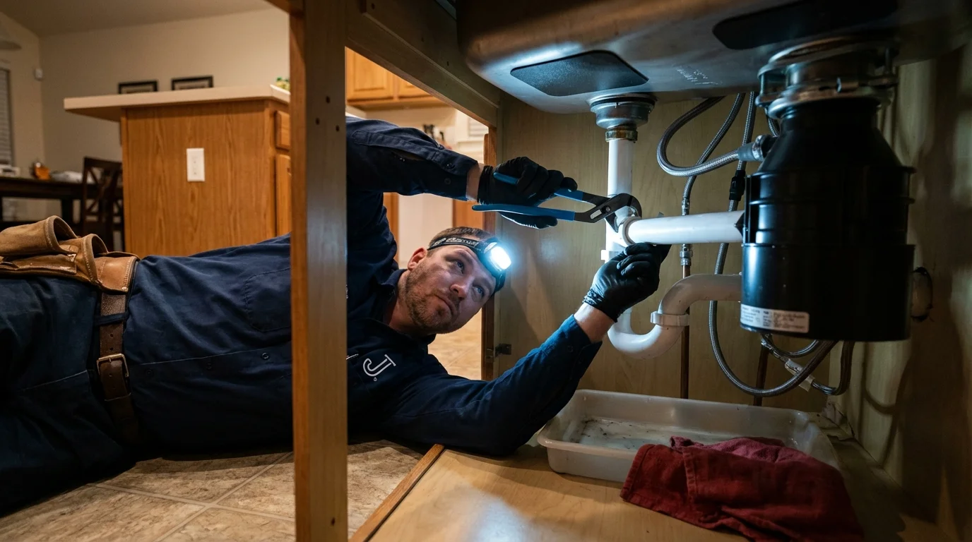 P-trap and supply line connections under a kitchen sink showing a common leak point in Iowa City, IA